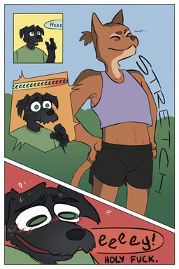 anthro blush bodily_fluids bottomwear clothing crop_top dialogue duo male shirt shorts speech_bubble stretching sweat text topwear demilittleguy dave_(demilittleguy) james_(demilittleguy) canid canine canis domestic_cat domestic_dog felid feline felis mammal comic english_text hi_res