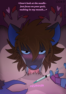 ambiguous_gender anthro blue_body blue_eyes blue_skin brown_hair claws duo estrogen first_person_view fur hair head_between_legs hormone_replacement_therapy injecting looking_at_viewer male male_pov needleplay oral oral_penetration penetration penis_in_mouth red_claws sexual_hrt_application submissive submissive_pov syringe tan_body tan_fur text pankallisti out-of-placers circe_(pankallisti) mammal murid murine rat rodent yinglet english_text hi_res trans_(lore) trans_woman_(lore)