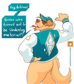 anthro blue_clothing blue_hat blue_headwear blue_jacket blue_topwear bottomless butt clothed clothing eyewear fur glasses hat headgear headwear jacket male male_anthro open_mouth orange_body orange_fur orange_tail rear_view red_tongue simple_background solo speech_bubble standing sunglasses tail text tongue tongue_out topwear wearing_glasses white_background white_clothing white_jacket white_topwear chocolateandmilk canid canine canis domestic_dog mammal english_text hi_res