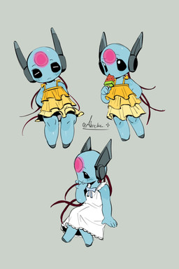 5_fingers antennae_(anatomy) big_eyes biped black_eyes blue_body blush clothing dress female fingers grey_background head_markings machine markings monotone_body simple_background sitting solo white_clothing white_dress yellow_clothing yellow_dress alretta rain_world videocult looks_to_the_moon_(rain_world) humanoid iterator_(rain_world) robot robot_humanoid hi_res multiple_images signature