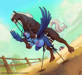 anthro anthro_on_feral anthro_penetrated bdsm bestiality blue_body blush bodily_fluids bondage bound breasts brown_body cum cum_inflation cum_inside detailed_background duo feathered_wings feathers female female_penetrated feral feral_penetrating feral_penetrating_anthro genital_fluids inflation male male/female male_penetrating nude outside penetration penile penile_penetration sex wings sugarlesspaints avian bird equid equine horse mammal 2026 hi_res