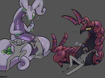ambiguous_gender black_body black_eyes feral front_view green_eyes grey_background grey_body group markings purple_body purple_markings question_mark red_body simple_background size_difference sleeping sound_effects sparkles vowelless vowelless_sound_effect yellow_sclera zzz kaiartis nintendo pokemon generation_5_pokemon generation_6_pokemon goodra human mammal pokemon_(species) scolipede hi_res