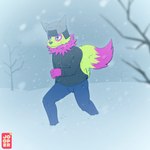 anthro blue_eyes bottomwear clothed clothing denim denim_bottomwear denim_clothing dipstick_tail fully_clothed fur green_body green_fur hat headgear headwear jacket jeans male markings neck_tuft outside pants purple_body purple_fur snow solo tail tail_markings topwear tuft jooper luwis_miracle canid canine fox mammal 1:1 hi_res