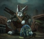 4_toes 5_fingers anthro big_feet biped blue_eyes city claws clothed clothing crouching detailed_background duo feet finger_claws fingers fur hair humanoid_hands larger_anthro larger_male looking_at_object macro male paws plantigrade size_difference smaller_anthro smaller_male stepping_on_another tail toe_claws toes white_body white_fur white_hair robomax mythology conejito terry_bigtime dragon lagomorph leporid mammal mythological_creature mythological_scalie rabbit scalie absurd_res colored hi_res shaded story story_in_description