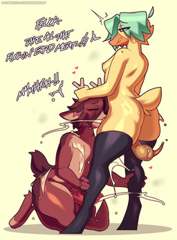 ambiguous_gender anthro antler_grab antlers balls blue_hair blush bodily_fluids breasts brown_body brown_fur clothing cum cum_drip cum_in_mouth cum_inside cum_on_penis dialogue dripping duo ejaculation face_fucking female fur genital_fluids genitals hair hands_on_legs heart_eyes heart_symbol horn irrumatio kneeling legwear male male/female male_penetrated onomatopoeia oral penetration penile penis penis_in_mouth sex sound_effects speech_bubble stockings sweat text youwannaslap ash_(chaboifap) anatid anseriform avian bird deer duck mammal hi_res