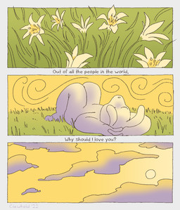 3_panel_comic ambiguous_gender anthro border cloud eyelashes eyes_closed flower grass lying on_back peaceful plant question_mark sky solo sun text white_border wind yellow_sky clawheld lagomorph leporid mammal rabbit 2022 comic digital_media_(artwork) english_text hi_res