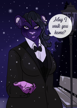 anthro asking asking_viewer bench big_breasts black_hair black_tie_(suit) blush bow_(feature) bow_tie breasts clothing collared_shirt dark detailed_background dialogue ear_piercing extended_arm facial_piercing female fur hair ice inner_ear_fluff inviting looking_at_viewer night nose_piercing outside park_bench piercing purple_body purple_eyes purple_fur purple_sclera question romantic shirt slightly_chubby smile smiling_at_viewer snow snowing solo speech_bubble street_lamp suit talking_to_viewer text topwear tuft yes-no_question rhari natasha_riot felid lion mammal pantherine english_text hi_res trans_(lore) trans_woman_(lore)