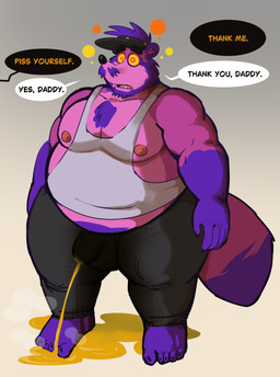 anthro bodily_fluids clothing dialogue genital_fluids hypnosis male mind_control open_mouth peeing ringed_eyes simple_background solo submissive submissive_male text urine urine_stream watersports wetting zonked anothermeekone meek_(anothermeekone) canid canine mammal raccoon_dog tanuki english_text hi_res