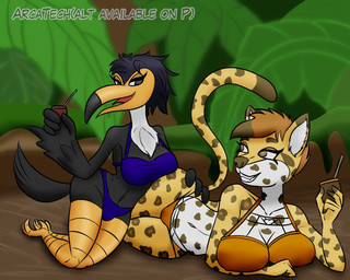 anthro beak beverage bikini breasts cleavage clothed clothing duo female open_mouth smile swimwear tail two-piece_swimsuit arcatech avian bird felid jaguar mammal pantherine toucan 5:4