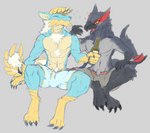 anthro beverage blush bulge clothed clothing detailed_bulge drunk duo fur genital_outline hair horn male open_mouth penis_outline sitting substance_intoxication tipsy 1oi conditional_dnp capcom monster_hunter fanged_wyvern flying_wyvern mammal nargacuga zinogre hi_res sketch