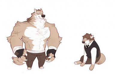 anthro arm_tuft black_clothing black_necktie black_topwear bottomwear brown_bottomwear brown_clothing brown_hair brown_pants chest_tuft claws closed_smile clothed clothing elbow_tuft eyes_closed front_view fur hair male messy_hair mouth_closed muscular muscular_anthro muscular_male narrowed_eyes necktie pants short_hair shoulder_tuft simple_background simple_eyes sitting smile solo tan_body tan_fur topless topwear tuft unsigned white_background white_body white_claws white_clothing white_fur white_topwear asnnonaka lim_(asnnonaka) canid canine canis mammal wolf full-length_portrait multiple_images portrait