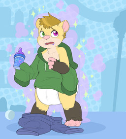 3_fingers 3_toes after_transformation age_regression ambiguous_gender anthro baby_bottle beverage big_diaper blonde_hair blush blush_lines bottomwear bottomwear_down claws clean_diaper clothed clothing container denim denim_bottomwear denim_clothing diaper distressed dotted_background drawstring_hoodie feet fingers fur gloves_(marking) green_clothing green_hoodie green_topwear grey_body grey_fur hair heterochromia holding_beverage holding_container holding_object hoodie jeans jeans_down leg_markings markings multicolored_body multicolored_fur open_mouth oversized_clothing oversized_hoodie oversized_topwear pants pants_down partially_clothed pattern_background pink_fingers pink_inner_ear pink_nose simple_background socks_(marking) solo sparkles staff standing teeth toe_claws toes topwear wearing_diaper whisker_spots whiskers white_diaper white_whiskers yellow_body yellow_fur bubblepuppers willy_wonka_and_the_chocolate_factory pancake_(pancrinklemelle) species_request full-length_portrait hi_res portrait textless