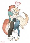 4_toes anthro barefoot bottomwear clothing denim denim_bottomwear denim_clothing digitigrade duo feet female hair happy heart_symbol hug jeans kissing looking_at_another male male/female pants shirt simple_background toes topwear kittellox_(artist) blake_(saltedcaramelfox) blanche_(kittellox) canid canine canis domestic_dog fox husky mammal nordic_sled_dog spitz hi_res