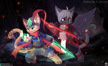 anthro armor attack_pose clothing duo gauntlets gloves handwear katana male melee_weapon sword text weapon wings senz hexous_kenogami nobu_(nobusuke) domestic_cat felid feline felis mammal absurd_res hi_res url