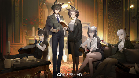 accessory alcohol belt beverage black_clothing black_gloves black_hair black_handwear book bottomwear breasts business_suit candle clothing container cup detailed_background drinking_glass eye_scar facial_scar female footwear furniture glass glass_container glass_cup gloves grey_hair group hair handwear high_heels holding_book holding_container holding_cup holding_drinking_glass holding_object holding_wine_glass inside jacket looking_at_viewer male necktie on_sofa pants scar shirt shoes sitting skirt smile sofa suit table tail topwear white_clothing white_shirt white_topwear wine wine_glass dacheng_ad arknights hypergryph studio_montagne lappland_(arknights) penance_(arknights) schwarz_(arknights) texas_(arknights) vigil_(arknights) animal_humanoid canid canid_humanoid humanoid mammal mammal_humanoid 2023 hi_res