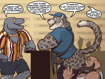 age_difference anal anthro anthro_on_anthro apron behind_the_counter big_beard bodily_fluids bottomwear bottomwear_down butt clothed clothed_sex clothing counter dialogue enhibitionism erection exhibitionism facial_piercing genital_fluids group hairy ice_cream_parlor licking_sound_effect male male/male markings mature_male menu multitasking nose_piercing nose_ring onomatopoeia oral pants pants_down partially_clothed piercing precum public public_sex pulling_pants_down raised_tail rimming ring_piercing saliva_on_butt sex side_view sound_effects speech_bubble spots spotted_body stealth_sex tail text trio uniform unprofessional_behavior work_uniform nanoff joe_(nanoff) domestic_pig felid komodo_dragon lizard mammal monitor_lizard pantherine reptile scalie snow_leopard suid suine sus_(pig) 2025 english_text hi_res