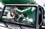 2016 adharc anthro anthro_on_anthro ape arched_back backwards_baseball_cap backwards_hat baseball_cap bgn biceps butt car clothing croup duo front_view fur gorilla green_body green_fur grin haplorhine hat headgear headwear horn inside_car male mammal mostly_nude muscular muscular_male navel outside pecs presenting presenting_hindquarters primate public public_nudity raised_tail rear_view rhinoceros smile tail vehicle