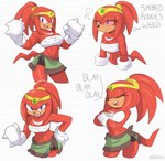 abs angry anthro athletic athletic_anthro athletic_female bare_shoulders blah_blah_blah blue_eyes bottomwear breasts chest_wraps circlet cleavage clothed clothing crossed_arms crossgender dialogue drugged drugs fangs female fur gloves green_bottomwear green_clothing green_skirt hair half-closed_eyes hand_on_hip handwear headdress looking_at_viewer medium_breasts mtf_crossgender multiple_angles muscular muscular_anthro muscular_female narrowed_eyes open_mouth open_smile ponytail red_body red_fur simple_background skirt smile solo stoned substance_intoxication tail teeth text tied_hair white_background white_clothing white_gloves white_handwear wraps nikkikaji sega sonic_the_hedgehog_(series) knuckles_the_echidna echidna mammal monotreme absurd_res digital_drawing_(artwork) digital_media_(artwork) english_text hi_res watermark