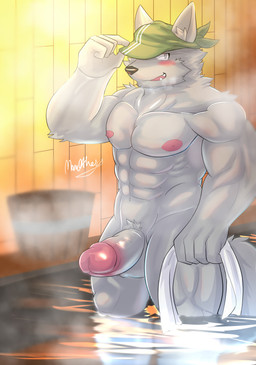 abs anthro balls bath bathhouse blush clothing erection fur genitals grey_body grey_fur hat headgear headwear humanoid_genitalia humanoid_penis kerchief male muscular muscular_male nipples partially_submerged pecs penis smile solo towel manothesea chardonnay_romancia rudolf_concard canid canine fox mammal hi_res