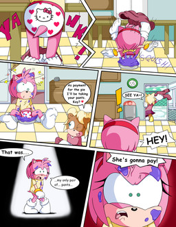 age_difference angry anthro assisted_exposure babysitter bodily_fluids bottomwear bottomwear_down clothed clothing embarrassed falling female food humiliation older_female open_mouth panties pants pants_down pantsing partially_clothed pastry pie running sad shirt tears text topwear underwear sdcharm_(artist) sega sonic_the_hedgehog_(series) amy_rose eulipotyphlan hedgehog mammal absurd_res comic english_text hi_res