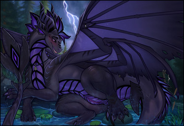 4_horns 4_wings black_body black_border black_scales black_sclera blush border claws detailed_background electricity female female_feral feral genitals horn jewelry lightning lily_pad looking_at_viewer membrane_(anatomy) membranous_wings multi_horn multi_wing necklace pink_eyes pink_vulva plant purple_body purple_scales scales smile solo storm tail vulva water wings rowanstarjinx mythology dragon mythological_creature mythological_scalie scalie hi_res