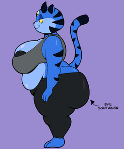 anthro areola areola_slip big_breasts big_butt biped black_areola black_bottomwear black_clothing black_horn black_pants black_tail_tip blue_body blue_fur bottomwear breasts butt closed_smile clothing dipstick_tail female fur grey_clothing grey_topwear horn markings mouth_closed overweight overweight_anthro overweight_female pants purple_background side_view simple_background smile solo striped_body striped_fur striped_markings striped_tail stripes tail tail_markings text topwear yellow_sclera someth1ngoranother evil_container azura_(someth1ngoranother) demon domestic_cat felid feline felis mammal english_text hi_res