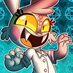 anthro blush claws clothing eyelashes fangs female giggling heart_symbol inverted_pentacle looking_at_viewer occult_symbol pentacle pentagram shirt smile solo symbol teeth topwear kyrakupetsky the_candy_knives alice_(the_candy_knives) lagomorph leporid mammal rabbit vampire 1:1 low_res