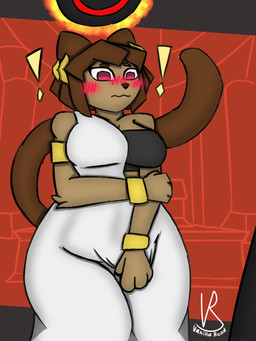 ambiguous_gender anthro armband blush bracelet brown_body brown_fur button_prompt circle_button clothing crossed_legs duo embarrassed exclamation_point female female/ambiguous flustered fur gameplay_mechanics greek_clothing greek_toga jewelry laurel_wreath toga tugging_clothing vanilla_road circle_prompt_(god_of_war) gameoverse glitch_productions god_of_war sony_corporation sony_interactive_entertainment kit_bodega domestic_cat felid feline felis mammal 3:4 absurd_res hi_res