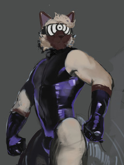anthro biped brainwashing brown_body brown_fur bulge clothed clothing drone fur hypnosis hypnotic_visor latex latex_clothing male mind_control simple_background solo tight_clothing visor saudax7 saudax7_(character) domestic_cat felid feline felis mammal 2025 digital_media_(artwork) hi_res