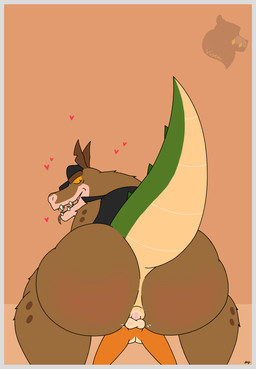 anthro anus balls bodily_fluids border brown_body brown_fur butt clothing cowgirl_position cum cum_in_ass cum_inside dominant duo from_front_position fur genital_fluids genitals grey_border hat headgear headwear heart_symbol jacket larger_dom larger_male leather leather_clothing leather_hat leather_headgear leather_headwear leather_jacket leather_topwear male male/male male_penetrated male_penetrating male_penetrating_male on_bottom on_top orange_body orange_fur overweight overweight_male penetration penis sex size_difference small_top_big_bottom tail teeth tongue tongue_out topwear wide_eyed yellow_sclera visen_(artist) activision crash_bandicoot_(series) crash_bandicoot dingodile bandicoot canid canine canis crocodilian dingo hybrid mammal marsupial reptile scalie absurd_res digital_drawing_(artwork) digital_media_(artwork) hi_res story story_in_description