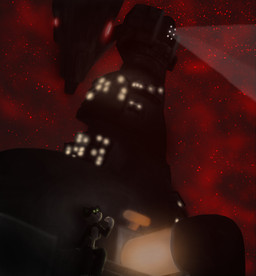 6_eyes ambiguous_gender anthro bisected black_nose black_sclera bone building chewing duo eating eating_food exposed_bone extreme_size_difference eye_beam fog fur glowing glowing_eyes green_body green_eyes green_fur gun gun_arm light light_beam looking_forward looking_up looking_up_at_another machine multi_eye night quadruped ranged_weapon red_clouds red_fog red_sky rib_cage sitting sitting_on_another size_difference skeleton sky skyscape star starry_sky weapon weapon_arm white_body white_eyes white_fur window window_light wound_on_torso pipollo new_blood_interactive ultrakill 1000-thr_earthmover nick_(pipollo) domestic_cat felid feline felis humanoid mammal robot hi_res