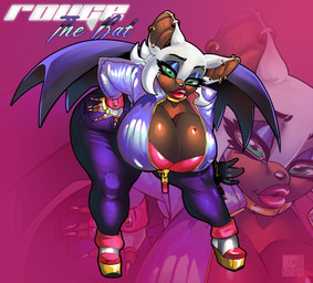 anthro bent_over big_breasts black_bottomwear black_clothing black_pants blue_eyeshadow bottomwear breasts cleavage clothed clothed_anthro clothed_female clothing colored_nails dark_body dark_skin ear_piercing ear_ring eyebrow_piercing eyeshadow facial_piercing female fingerless_gloves fingernails gloves green_eyes hair handwear huge_breasts lips lipstick looking_at_viewer makeup membrane_(anatomy) membranous_wings nails pants piercing pink_fingernails pink_lipstick pink_nails platform_footwear ring_piercing solo text thick_lips thick_thighs white_hair wings djpuppeh sega sonic_the_hedgehog_(series) rouge_the_bat bat mammal 2026 absurd_res english_text hi_res