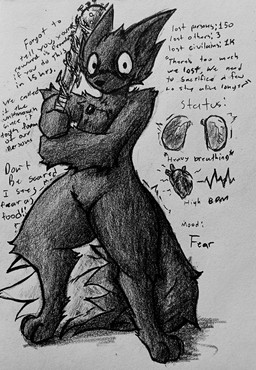 anthro bat_(object) big_eyes dialogue fluffy fluffy_tail fluffy_thighs holding_object holding_weapon hyperventilating intersex intersex/intersex male maleherm scared shaking solo spiked_bat standing status_effect tail trembling weapon l30lves casualties:_unknown expie_(gunsawian) gunsawian humanoid absurd_res hi_res monochrome traditional_media_(artwork)