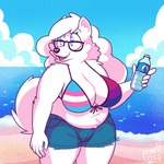 anthro beach belly big_breasts bikini bikini_top bisexual_pride_colors bottle bottomwear breasts cleavage clothed clothing container cutoffs denim denim_bottomwear denim_clothing eyewear female fur glasses lgbt_pride plastic_bottle pride_color_bikini pride_color_clothing pride_color_swimwear pride_colors seaside shorts slightly_chubby slightly_chubby_anthro slightly_chubby_female solo starry_eyes swimwear transgender_pride_colors two-piece_swimsuit water_bottle white_body white_fur fluffygirlfriend bobby_(fluffy_gf) canid canine canis domestic_dog mammal nordic_sled_dog samoyed spitz 1:1 2024 hi_res trans_(lore) trans_woman_(lore)