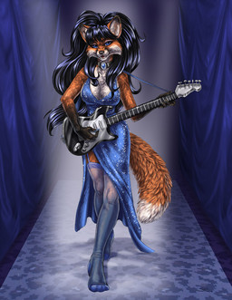 anthro clothing dress electric_guitar female guitar legwear music musical_instrument playing_guitar playing_music plucked_string_instrument solo stockings string_instrument sabretoothed_ermine cassie_the_rock_vixen canid canine fox mammal 2014