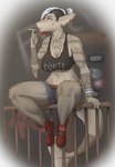 abs anthro arm_tattoo athletic athletic_female breasts chest_tattoo clothed clothing female grey_body hair mohawk multicolored_hair non-mammal_breasts piercing smoking solo tattoo torfur sigil_(torfur) fish marine shark hi_res