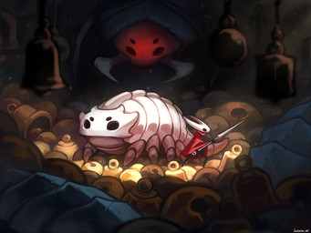 ambiguous_gender bell black_legs cloak cloak_only clothing exoskeleton feral group holding_object holding_weapon hornet's_needle larger_ambiguous larger_feral monotone_cloak multi_leg multi_limb red_body red_cloak red_clothing red_exoskeleton size_difference trio weapon white_body white_exoskeleton white_head lucaniamc hollow_knight:_silksong hollow_knight_(franchise) team_cherry bell_beast bell_eater hornet_(hollow_knight) arthropod 4:3 hi_res