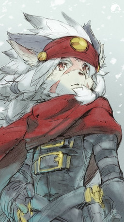 anthro clothing hair headgear headwear kemono looking_aside male ponytail red_scarf scarf simple_background solo tatotake_mono cyberconnect2 little_tail_bronx solatorobo beluga_damiens felid feline felineko lynx mammal 2017 japanese_description portrait three-quarter_portrait