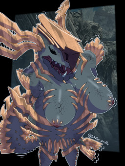anthro breasts brown_body brown_scales claws female grey_body horn ice larger_female nipples nude sagging_breasts scales size_difference solo spines tail wide_hips d3xter_proto capcom monster_hunter mythology dragon jin_dahaad leviathan_(mh) mythological_creature mythological_scalie scalie 2026 hi_res