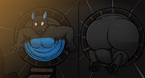 anthro belly big_butt black_body blue_body blue_eyes blue_horn blush butt fat_rolls feet horn huge_butt male moobs morbidly_obese obese overweight solo stuck tailless thick_arms thick_calves toes thetunafish kobold scalie hi_res
