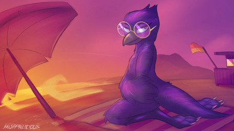 anthro beach beach_towel biped eyewear female glasses hair kneeling looking_at_viewer nude paws purple_body purple_eyes purple_hair solo sunset towel muffinlicious dreamworks the_bad_guys doom_(the_bad_guys) avian bird corvid corvus_(genus) oscine passerine raven digital_media_(artwork) hi_res signature warm_colors