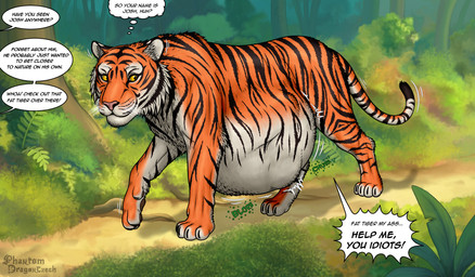 after_vore ambiguous_gender belly big_belly black_tail_tip dipstick_tail duo feral feral_pred forest human_prey male male_prey markings orange_body orange_legs orange_tail plant speech_bubble tail tail_markings tree unwilling_prey vore dragonczech felid human mammal pantherine tiger 2026 hi_res watermark