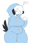 :< anthro belly big_breasts biped black_ears black_tail blue_clothing blue_onesie breasts clothing curvy_figure ellipsis female floppy_ears fur hair half-closed_eyes narrowed_eyes navel onesie potbelly simple_background sleepover slightly_chubby slightly_chubby_anthro slightly_chubby_female solo speech_bubble standing tail thick_thighs voluptuous white_background white_body white_fur white_hair puppkittyfan1 pepper_(puppkittyfan1) canid canine canis domestic_dog mammal 2022 digital_media_(artwork) hi_res portrait three-quarter_portrait