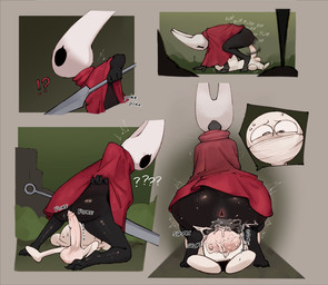 2_horns 4_panel_comic anthro anthro_penetrated anus balls balls_deep big_balls big_butt big_penis biped black_body black_eyes black_text bodily_fluids bound butt cloak clothing cowgirl_position cum cum_in_vagina cum_inside cumshot dominant dominant_female duo ejaculation empty_eyes erection exclamation_point female fingers foreskin from_front_position genital_fluids genitals holding_melee_weapon holding_object holding_weapon horn huge_penis human_on_anthro human_penetrating human_penetrating_anthro human_penetrating_female humanoid_genitalia humanoid_penis interspecies male male/female melee_weapon motion_lines on_bottom on_top penetration penis precum question_mark red_cloak red_clothing sex side_view sound_effects sweat sweatdrop text toony weapon white_sclera white_text breqfast hollow_knight_(franchise) team_cherry hornet_(hollow_knight) arthropod human mammal 2025 comic english_text hi_res