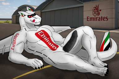 aircraft airplane airport anthro erection fangs genitals hangar machine male modern_architecture outside penis solo teeth text tongue tongue_out vehicle white_body ai_assisted ai_generated_background nicolasthewolf boeing_777 emirates_(airline) mythology dragon hybrid living_aircraft living_machine living_vehicle mythological_creature mythological_scalie scalie 3:2 english_text