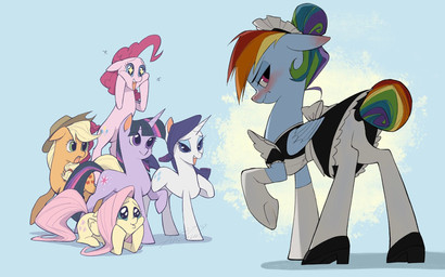 alternative_fashion blush clothing cowboy_hat female feral goth gothic_lolita group hair hair_bun hat headgear headwear horn j-fashion legwear lolita_(fashion) maid_uniform simple_background starry_eyes stockings uniform wings ahchun friendship_is_magic hasbro my_little_pony mythology applejack_(mlp) fluttershy_(mlp) pinkie_pie_(mlp) rainbow_dash_(mlp) rarity_(mlp) twilight_sparkle_(mlp) earth_pony equid equine horse mammal mythological_creature mythological_equine pegasus pony unicorn hi_res