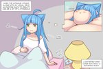 ahoge bed bedding beeping blanket blue_hair blush blush_lines clothing dialogue dream electronics eyes_closed female frown furniture green_eyes hair inner_monologue lamp morbidly_obese morbidly_obese_female morbidly_obese_humanoid motion_lines nightstand obese obese_female obese_humanoid onomatopoeia overweight overweight_female overweight_humanoid phone profanity shirt smile solo sound_effects text topwear weight_gain pixiveo myu_(pixiveo) animal_humanoid cat_humanoid felid felid_humanoid feline feline_humanoid humanoid mammal mammal_humanoid 3:2 comic english_text