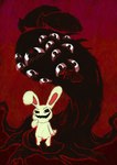 ambiguous_gender anthro big_ears black_eyes black_mouth duo fur gradient_background joyful mischievous_smile open_mouth red_eyes simple_background smile white_body white_fur rottenshangrila chikn_nuggit iscream_(chikn_nuggit) iscream_(true_form) demon eldritch_abomination lagomorph leporid mammal rabbit absurd_res hi_res nonbinary_(lore)