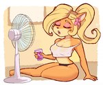 accessory anthro barefoot beverage blonde_hair breasts cleavage clothed clothing container cup electric_fan eyes_closed eyeshadow feet female flower flower_in_hair fur hair hair_accessory heat_(temperature) holding_beverage holding_container holding_cup holding_object long_hair makeup orange_body orange_fur oscillating_fan panties plant sitting solo thick_thighs underwear wide_hips alex-toons activision crash_bandicoot_(series) coco_bandicoot bandicoot mammal marsupial 2023 animated short_playtime