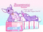 advertisement anthro antlers blue_background clean_diaper clothed clothing collar diaper diaper_package fake_advertisement hooves horn lying male on_side pink_background pink_body purple_body purple_eyes simple_background solo text wearing_diaper white_background yipthecoyotepup animate_inanimate deer diaper_creature mammal 4:3 absurd_res english_text hi_res